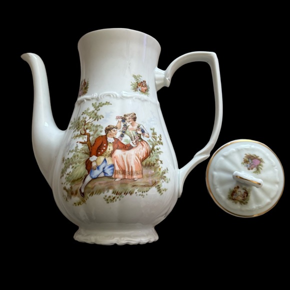 Vintage 1950’s Bogucice White Porcelain Teapot with Romantic Scenes From Poland